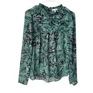 Maison d'Amelie Paris Green Abstract Botanical Metallic Ruffle Blouse Small